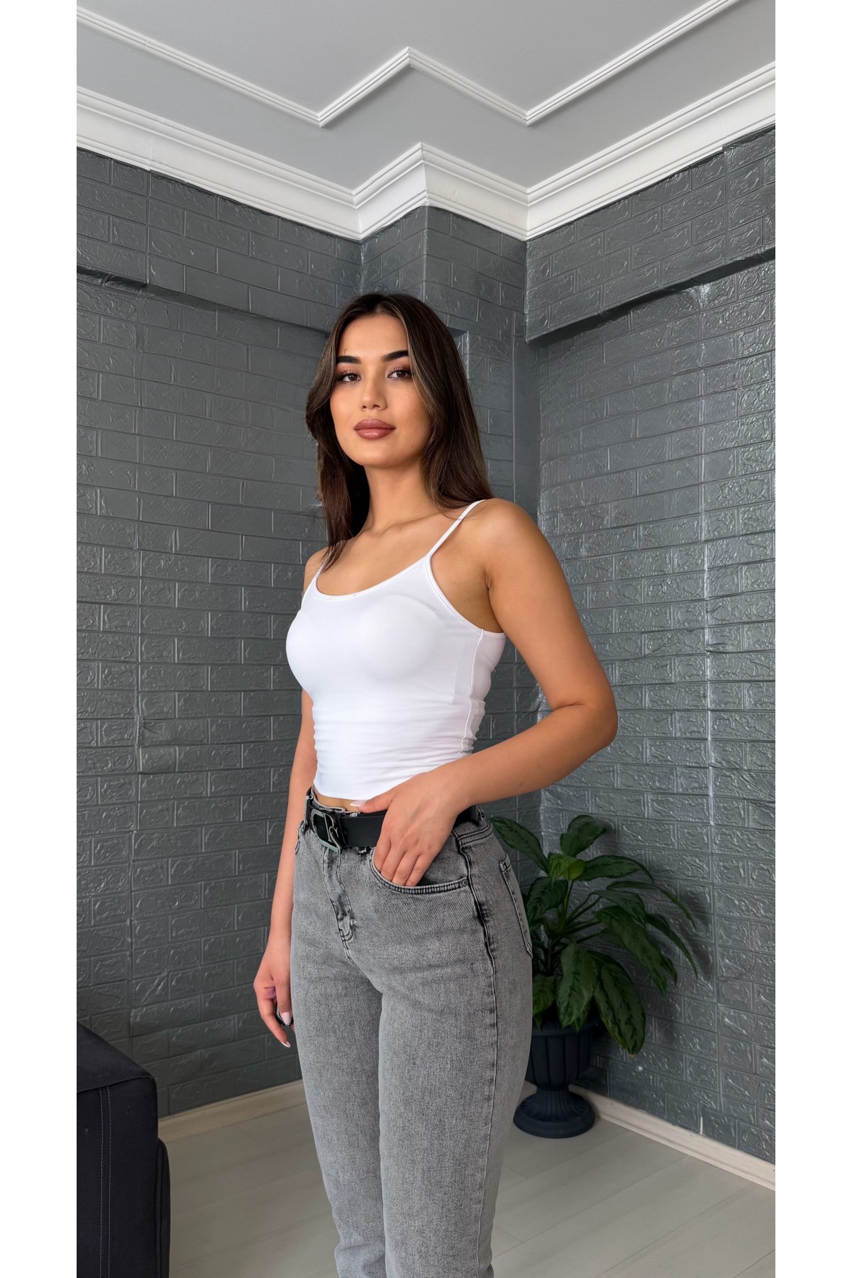 Kadın Gri Yüksek Bel Likralı Slim Fit Jean Pantolon