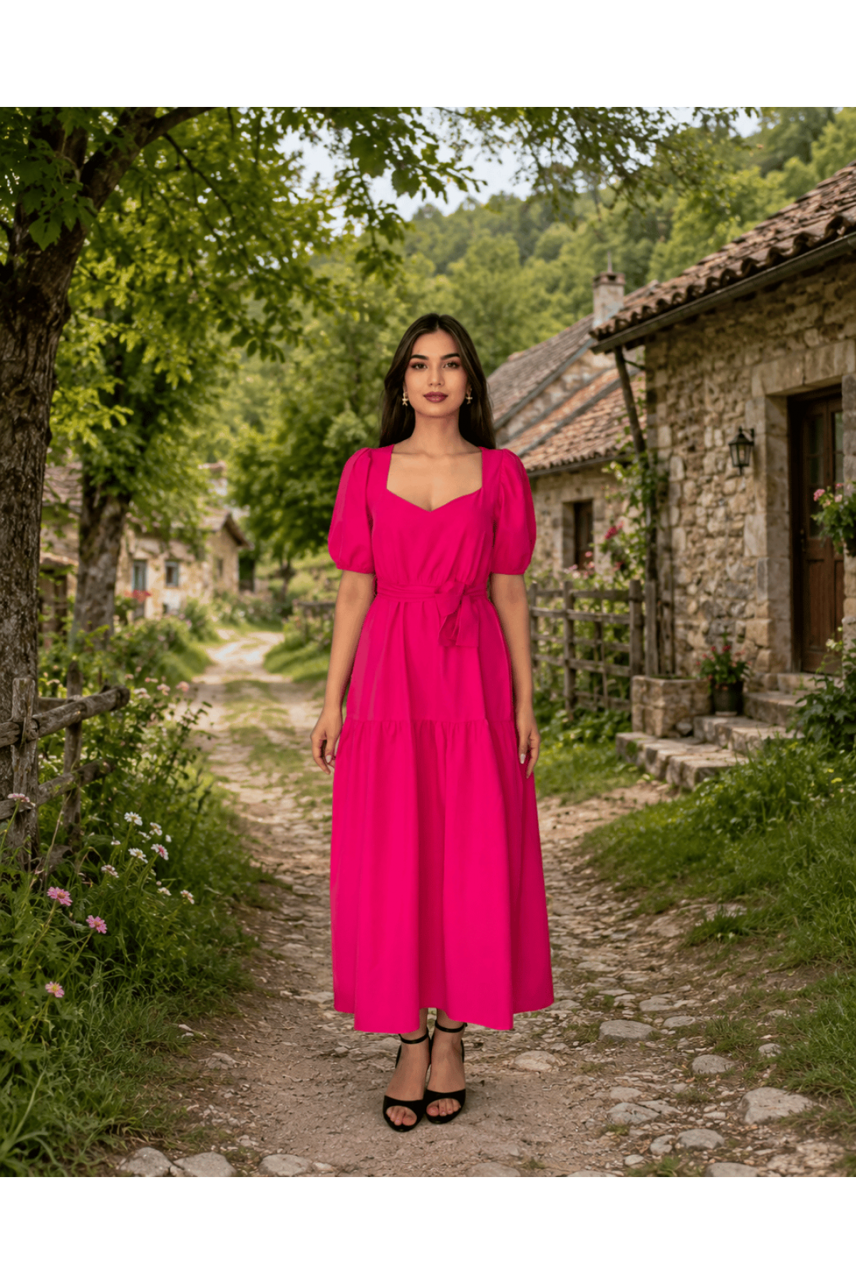 Kadın Fuşya Kalp Yaka Balon Kol Kuşaklı Volanlı Uzun Elbise