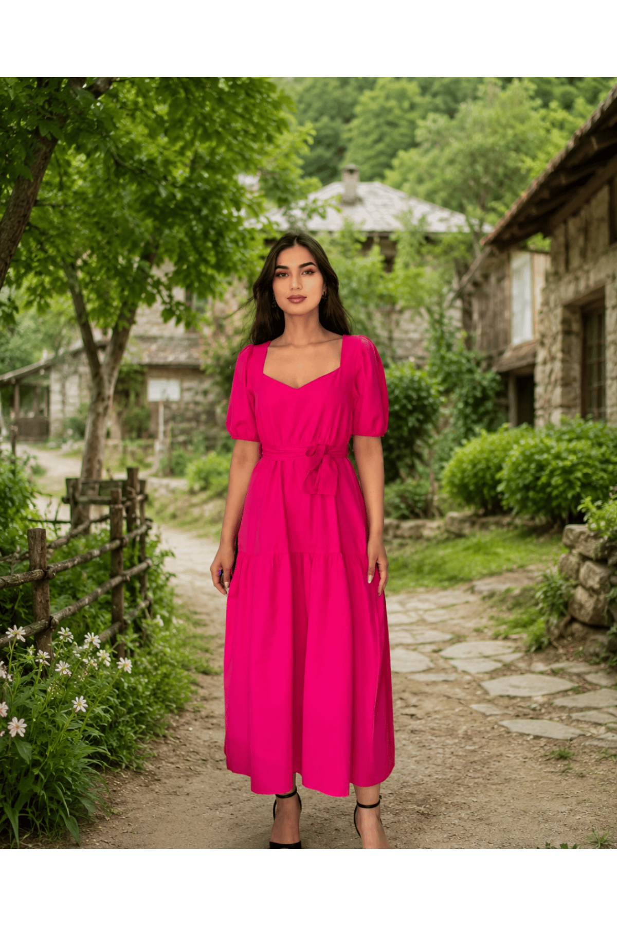 Kadın Fuşya Kalp Yaka Balon Kol Kuşaklı Volanlı Uzun Elbise