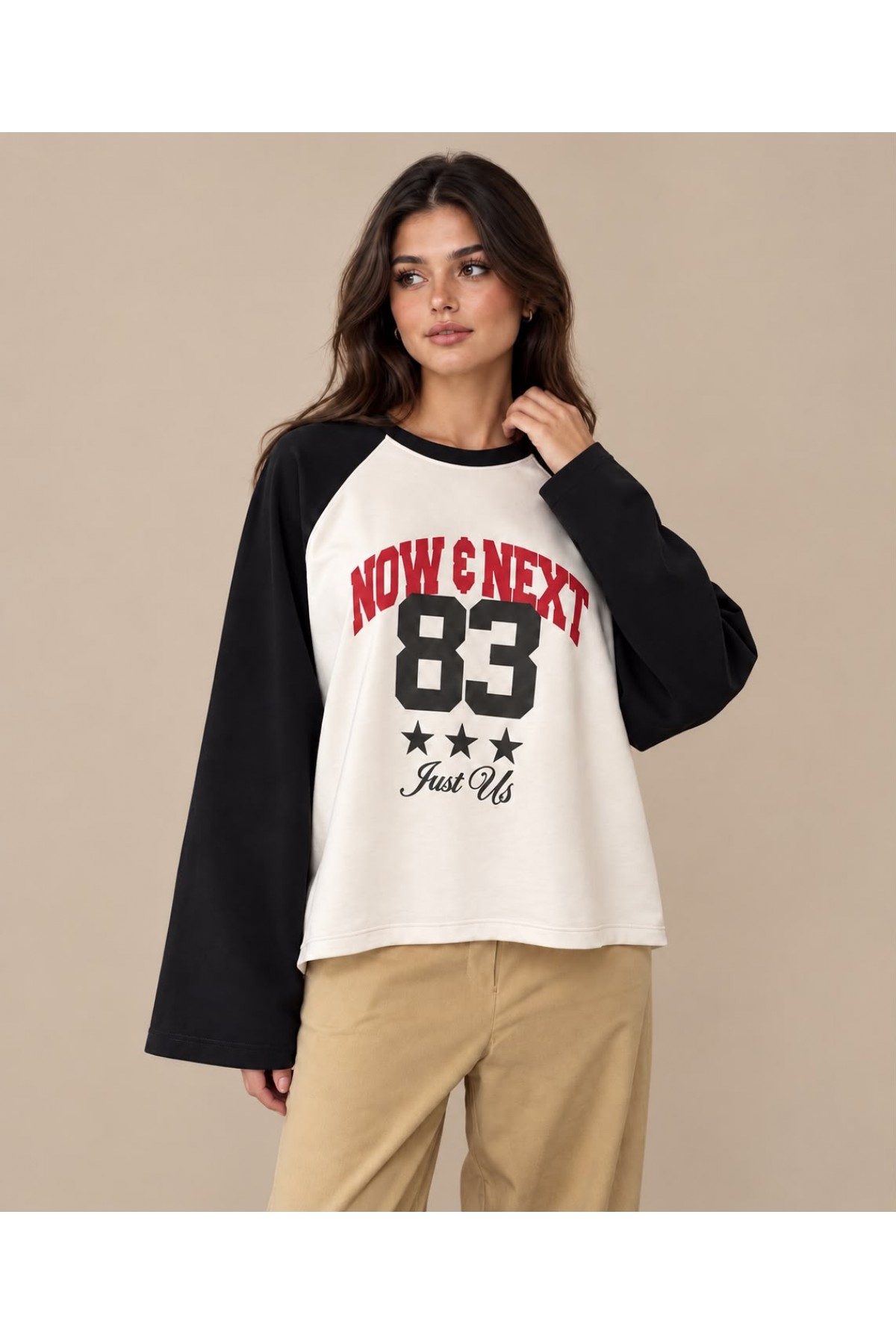 Bisiklet Yaka, Uzun Reglan Kollu, Ön Baskılı Sweatshirt