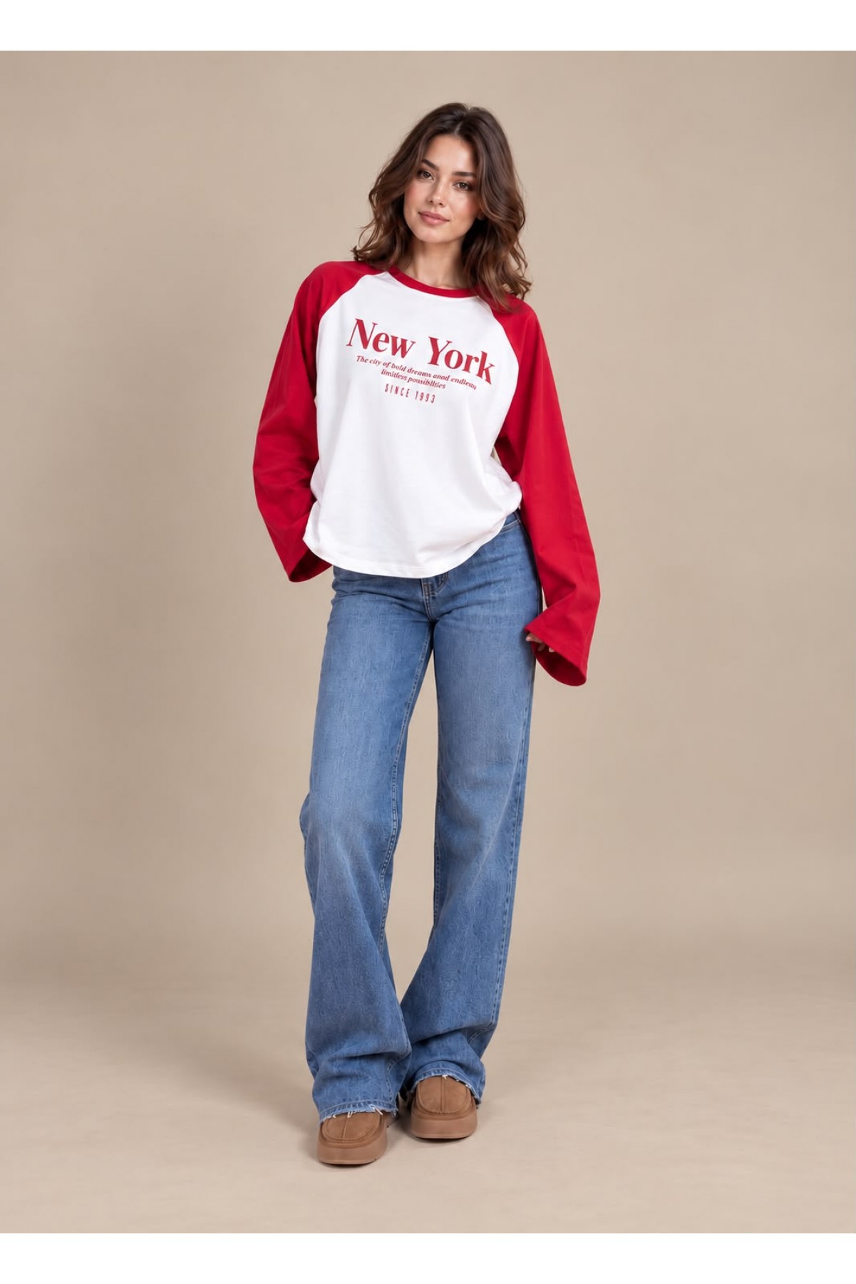 Bisiklet Yaka, Uzun Reglan Kollu, Ön Baskılı Sweatshirt