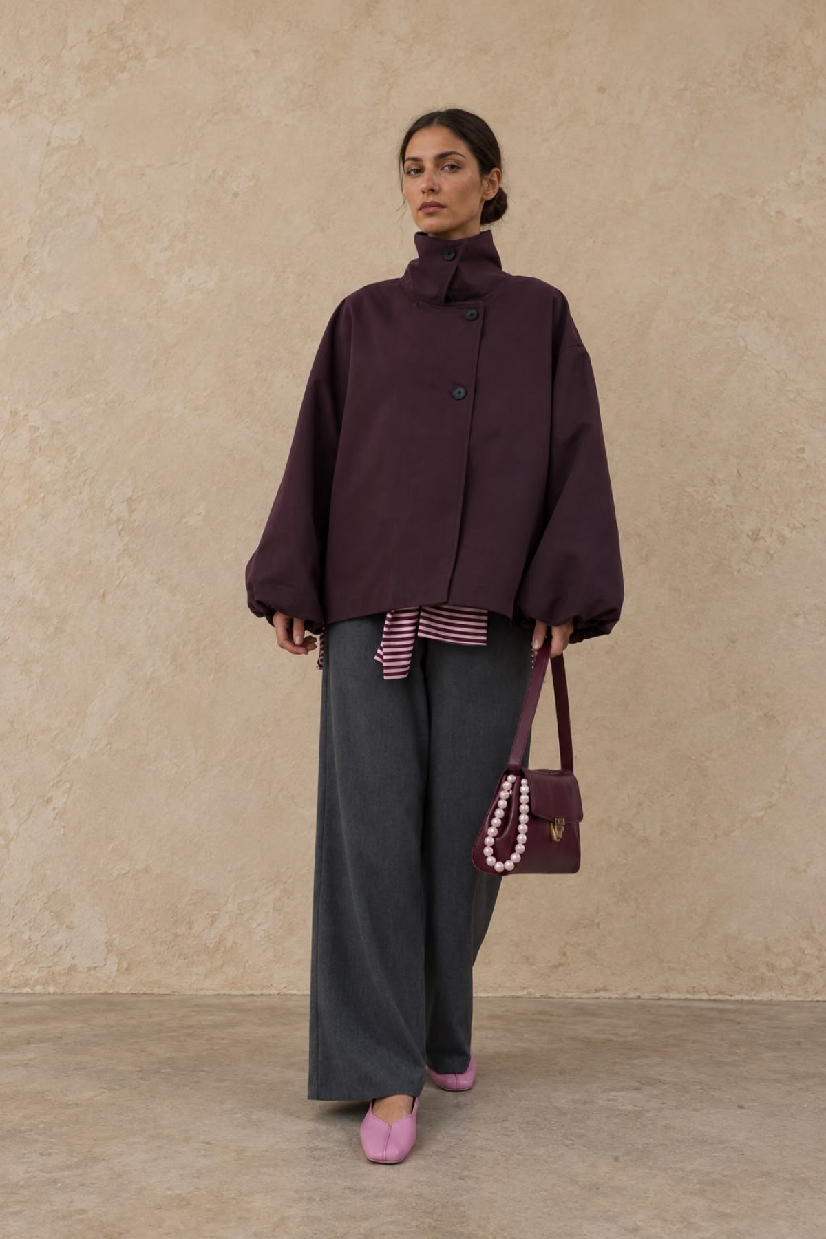 Dik Yaka Asimetrik Düğmeli Oversize Ceket