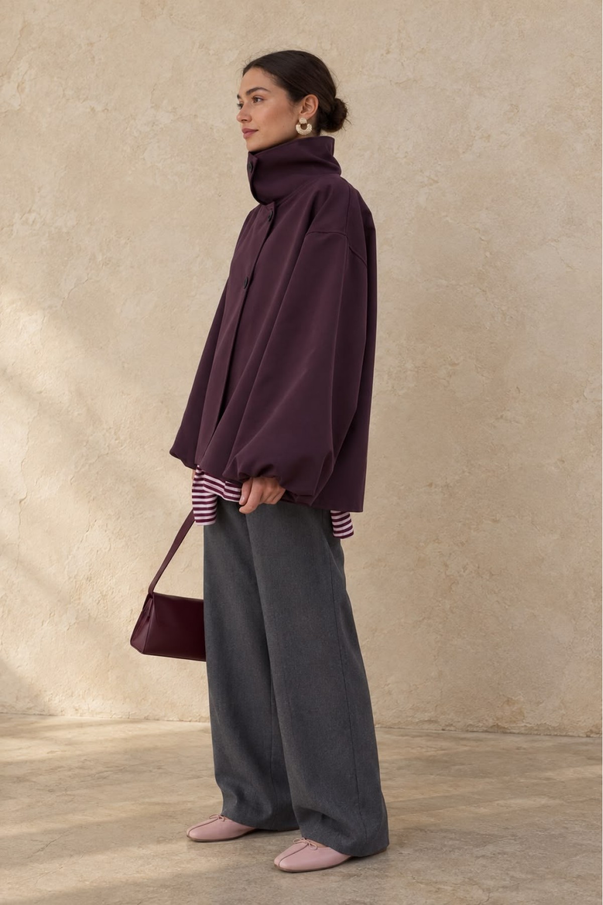 Dik Yaka Asimetrik Düğmeli Oversize Ceket