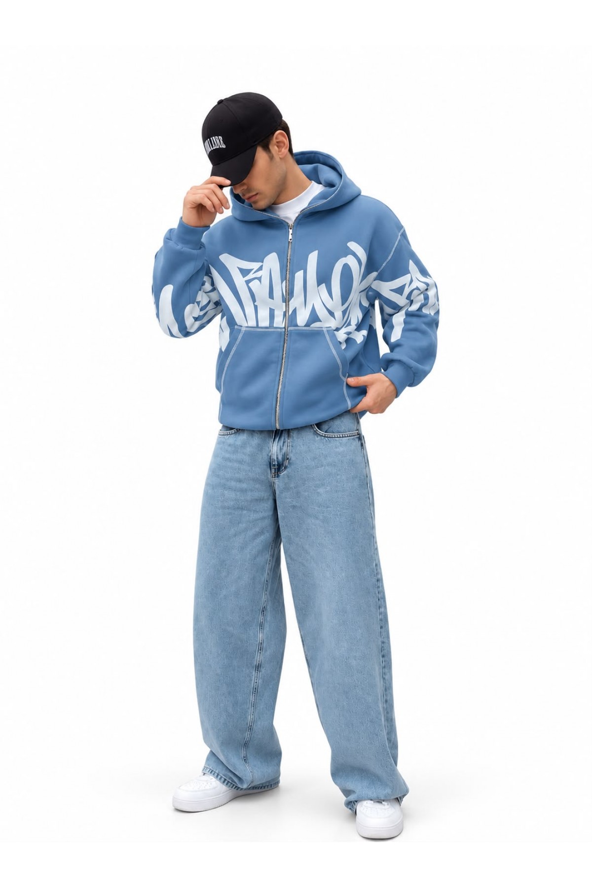 Grafiti Baskılı Kapüşonlu Fermuarlı Sweatshirt