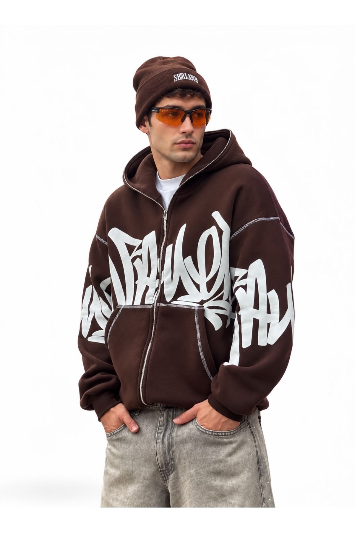 Grafiti Baskılı Kapüşonlu Fermuarlı Sweatshirt