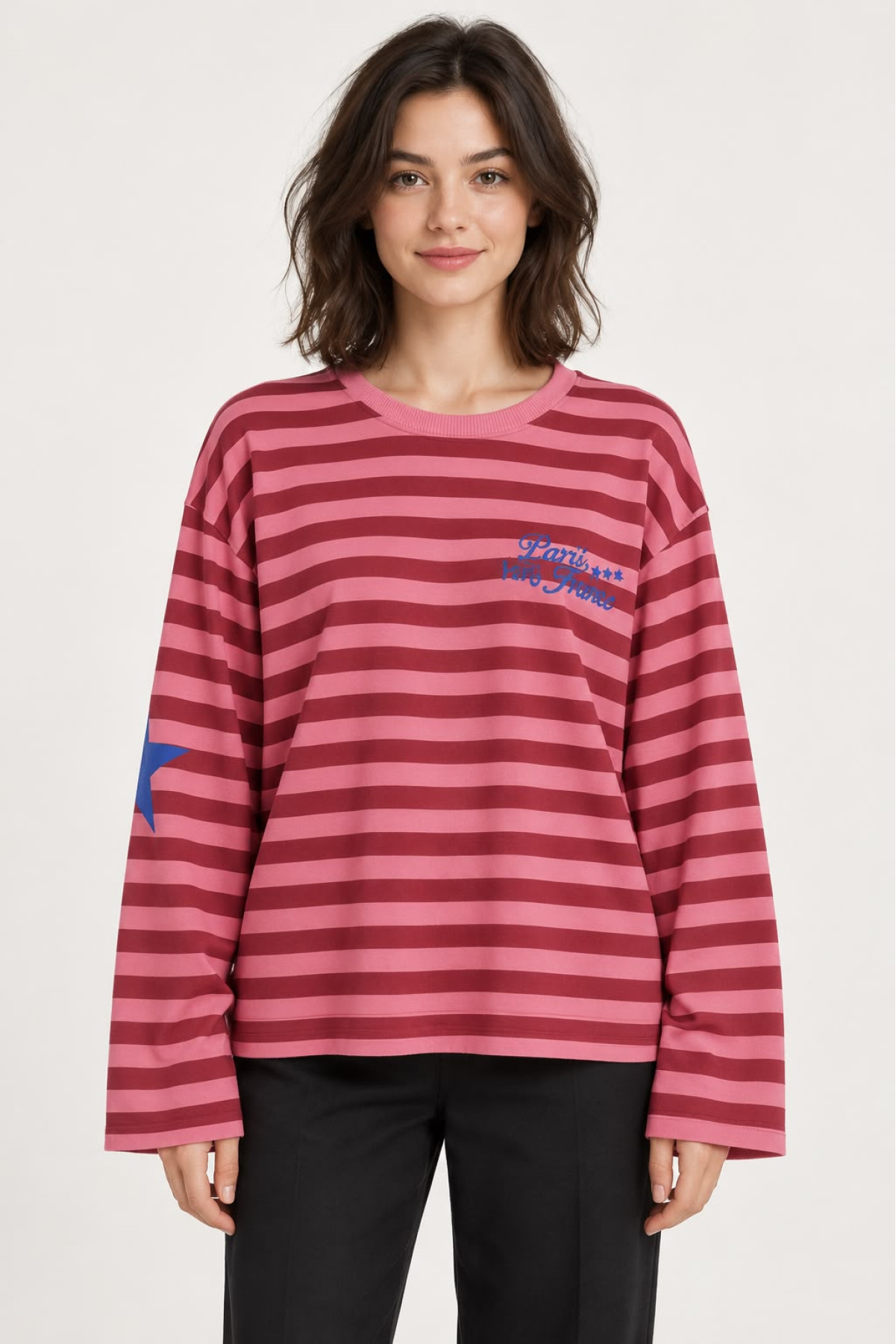 Paris Baskılı Çizgili Sweat