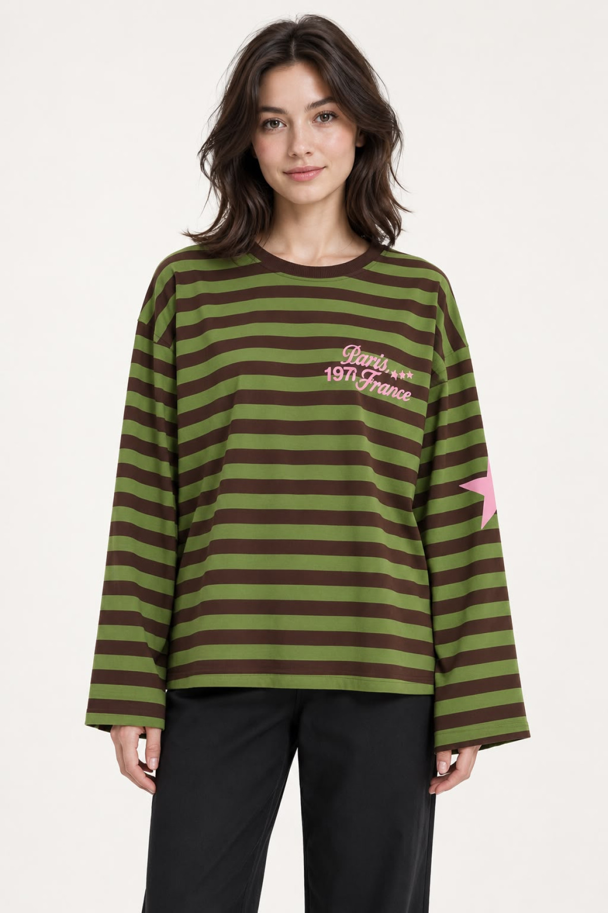 Paris Baskılı Çizgili Sweat