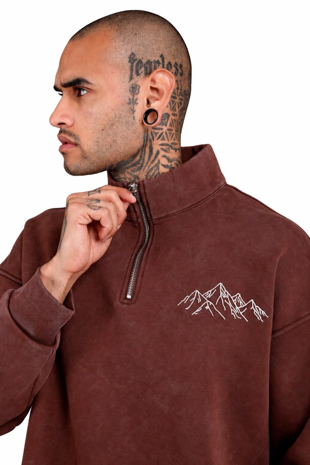 Yarım Fermuarlı Dağ Nakışlı Oversize Erkek Sweatshirt