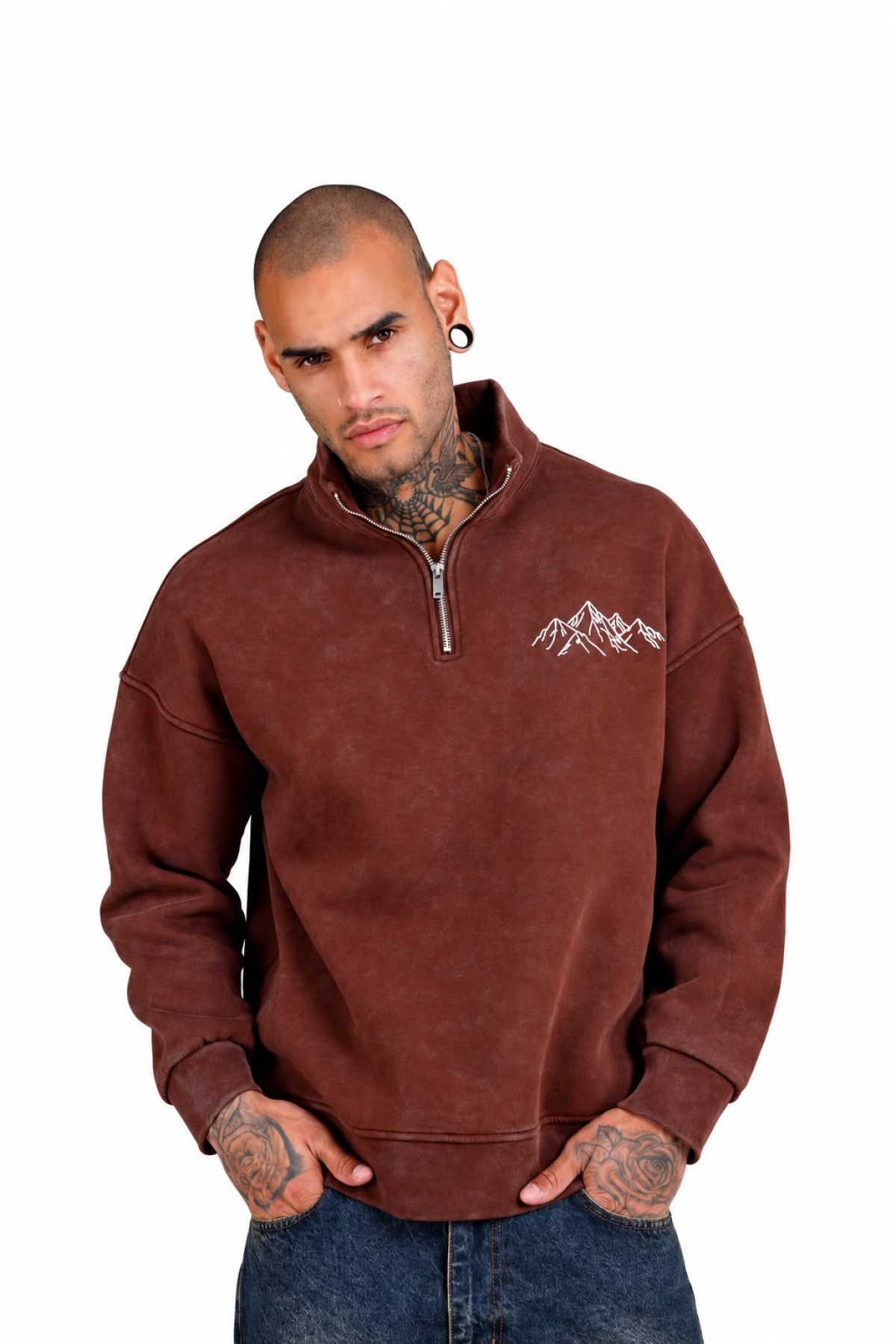 Yarım Fermuarlı Dağ Nakışlı Oversize Erkek Sweatshirt