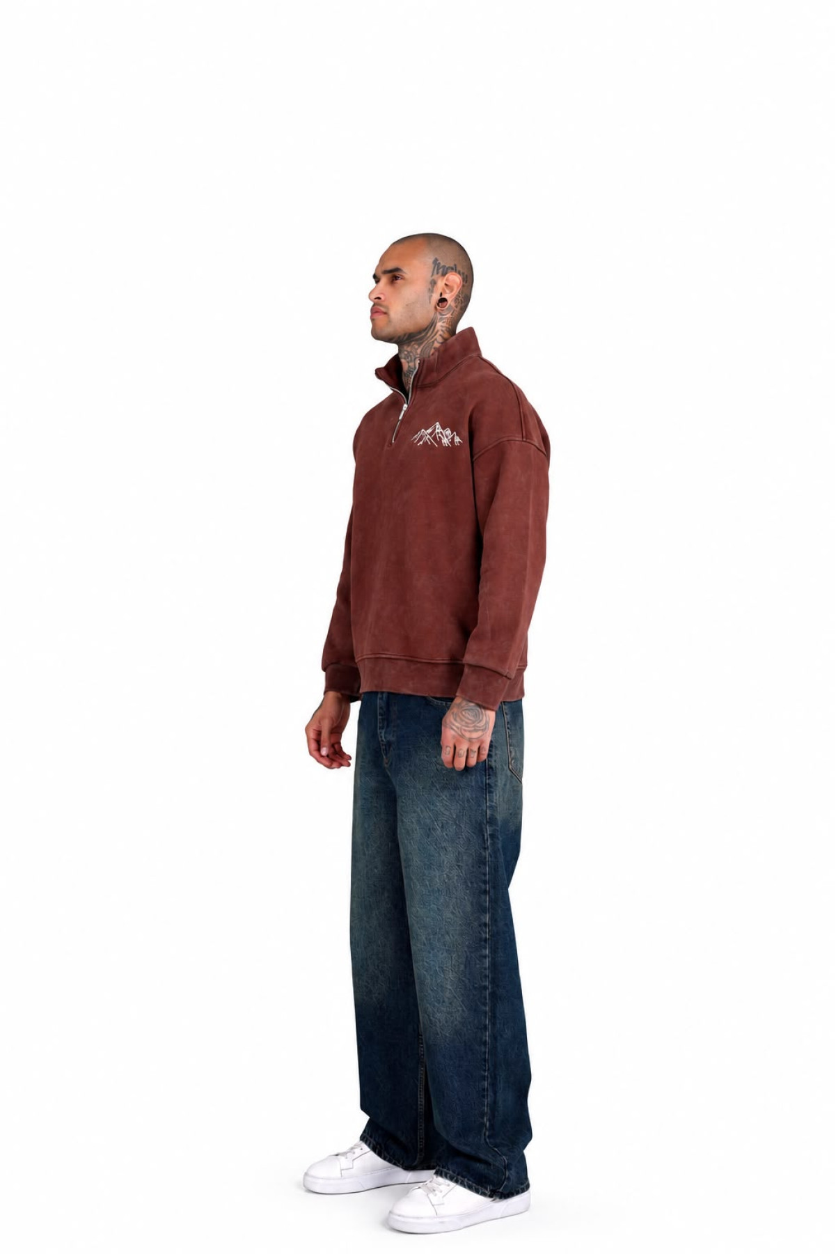 Yarım Fermuarlı Dağ Nakışlı Oversize Erkek Sweatshirt