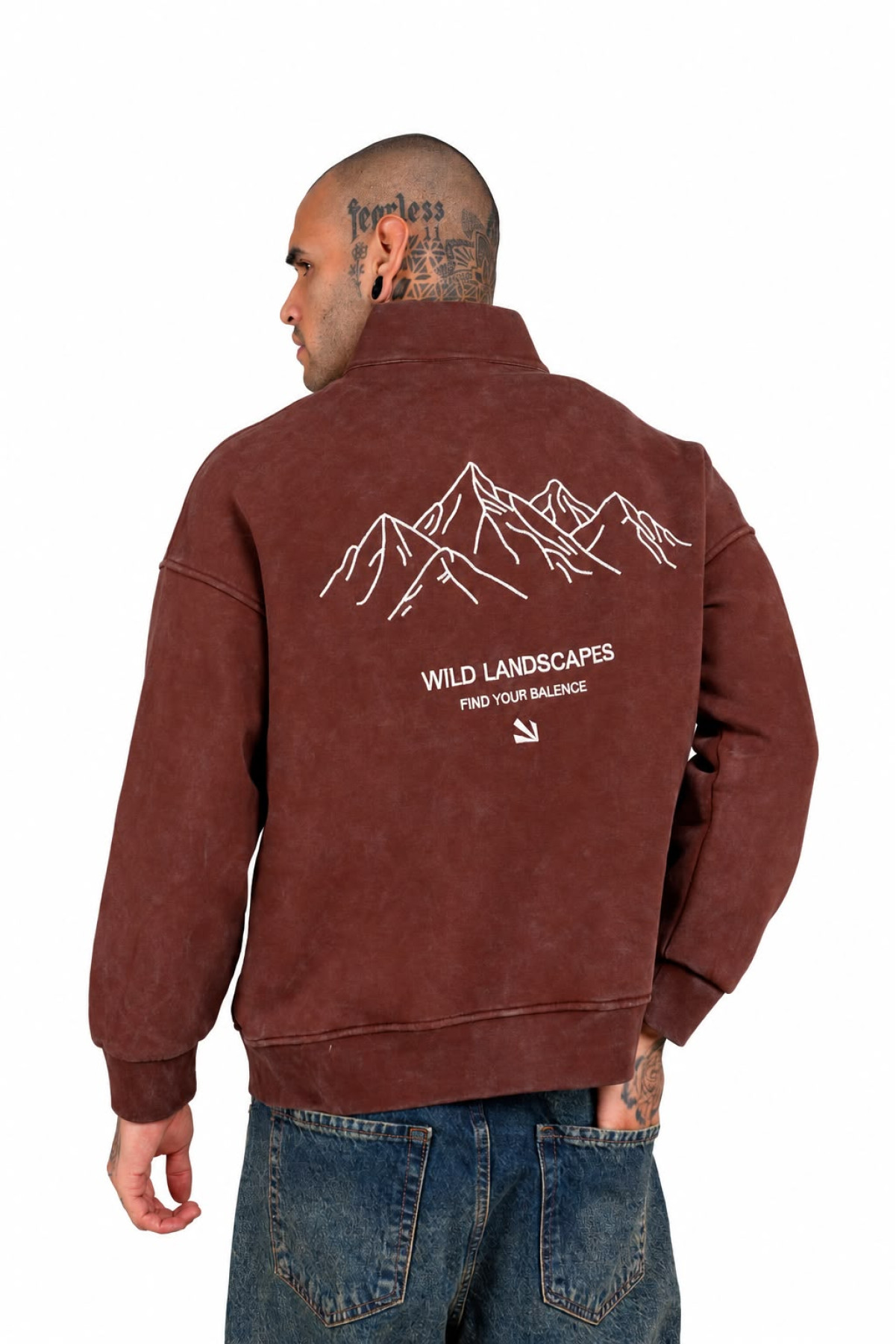 Yarım Fermuarlı Dağ Nakışlı Oversize Erkek Sweatshirt