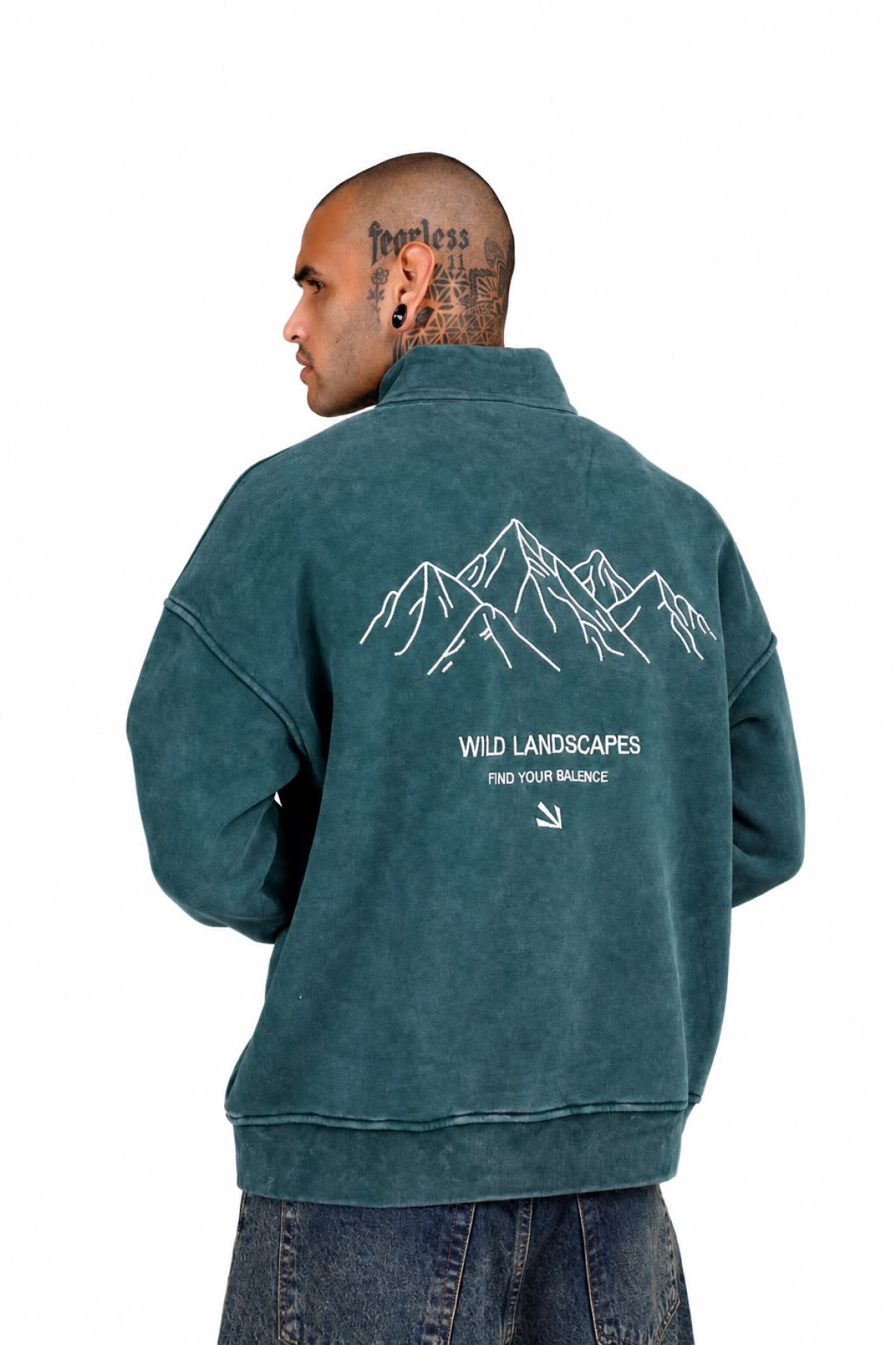Yarım Fermuarlı Dağ Nakışlı Oversize Erkek Sweatshirt