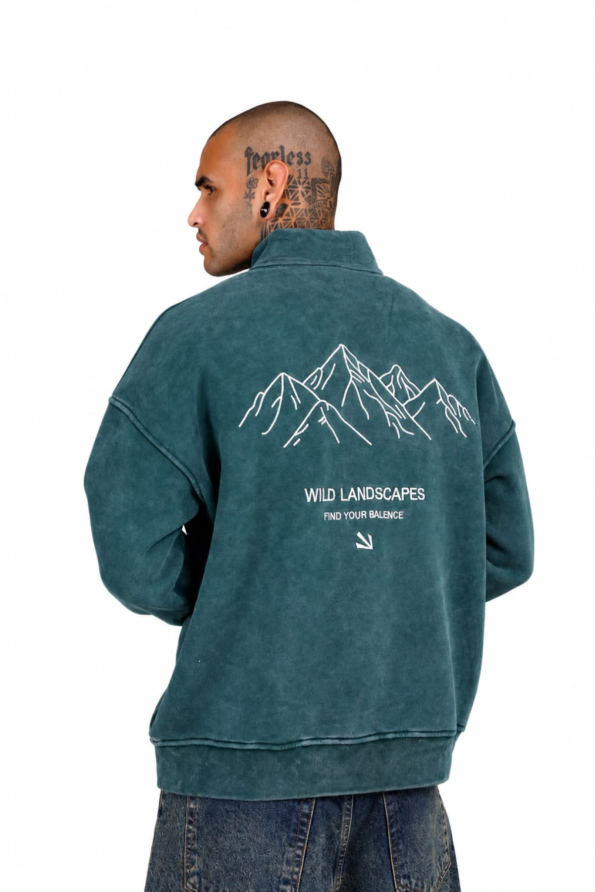 Yarım Fermuarlı Dağ Nakışlı Oversize Erkek Sweatshirt