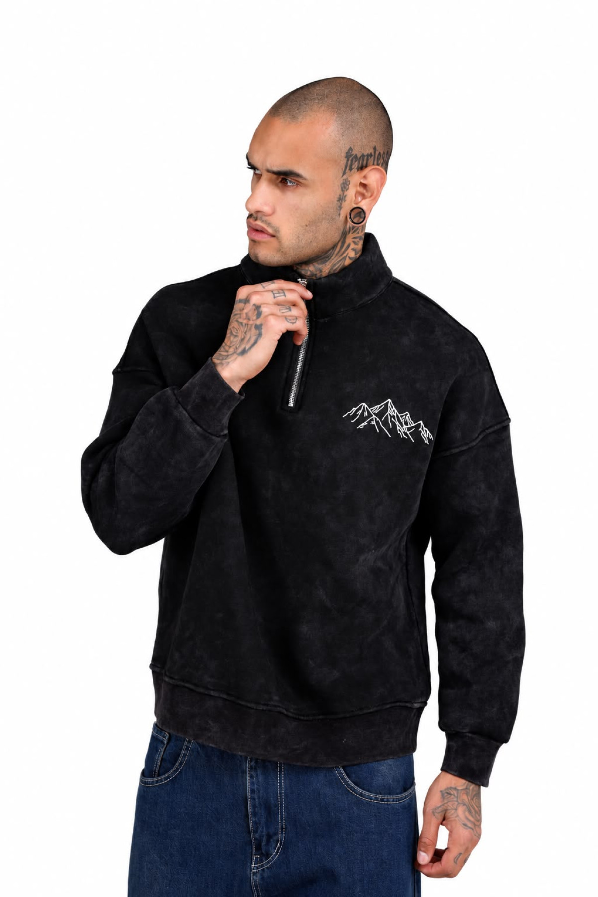 Yarım Fermuarlı Dağ Nakışlı Oversize Erkek Sweatshirt
