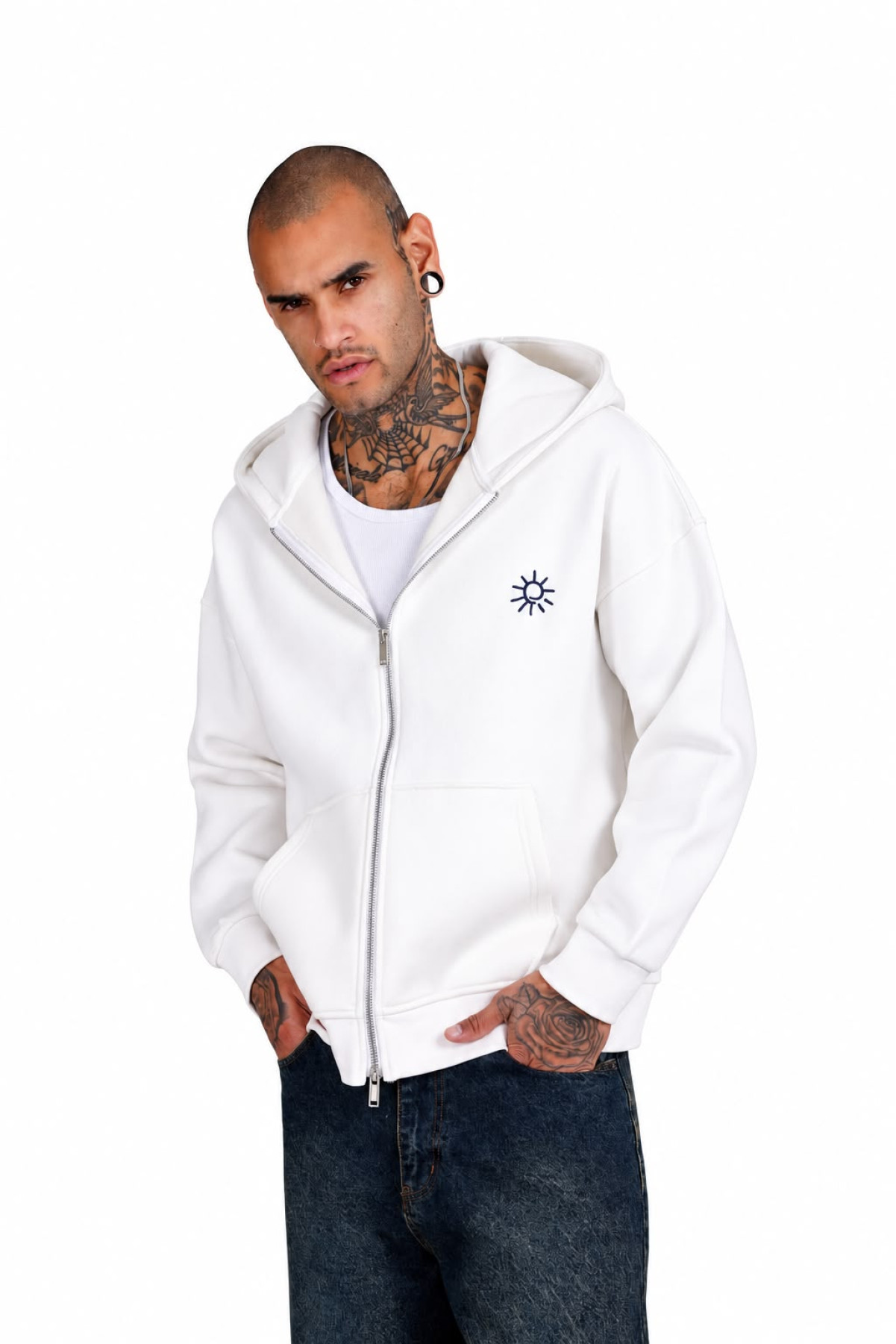 Sırt Desenli Oversize Fermuarlı Kapüşonlu Sweatshirt