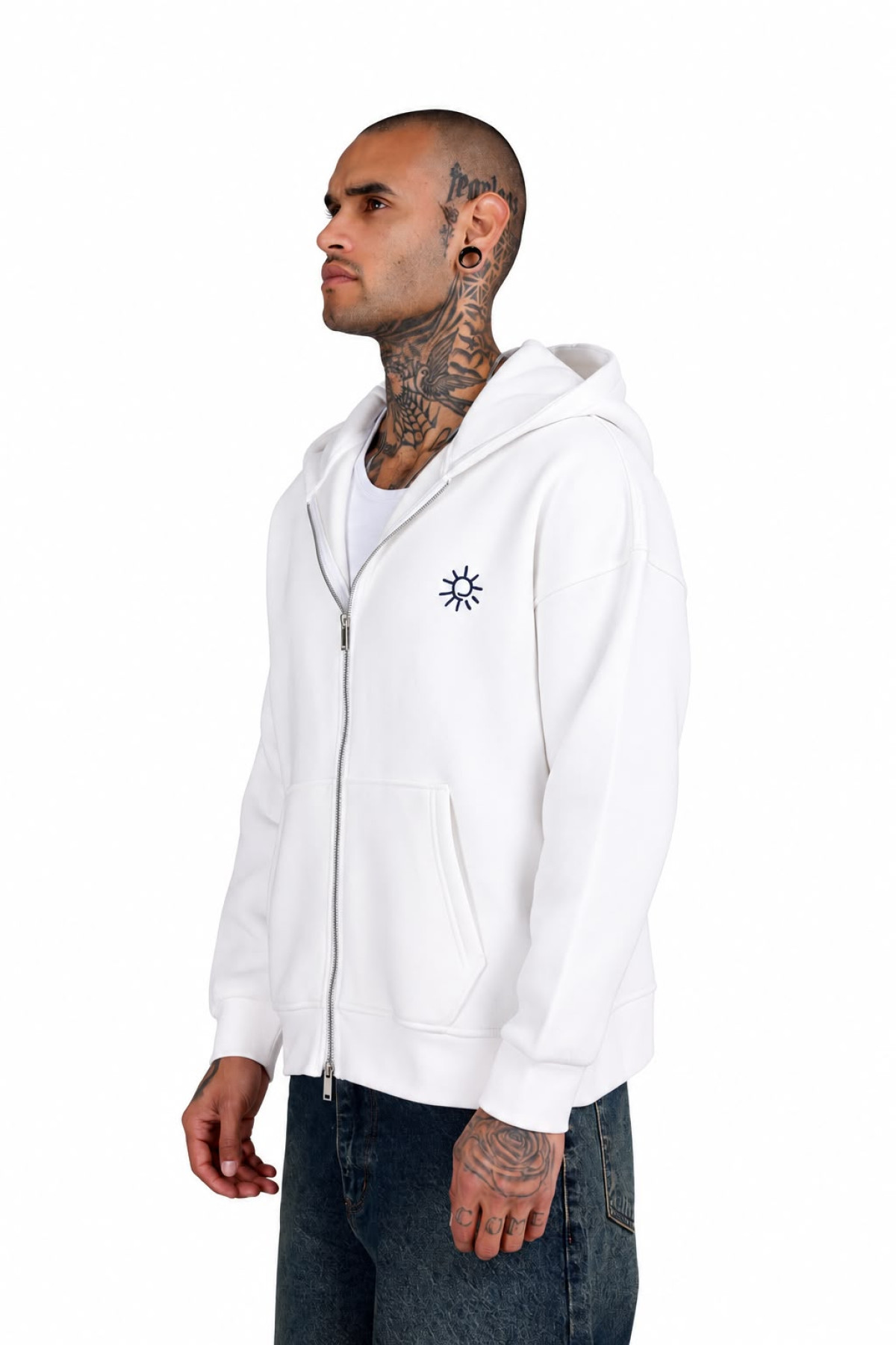 Sırt Desenli Oversize Fermuarlı Kapüşonlu Sweatshirt
