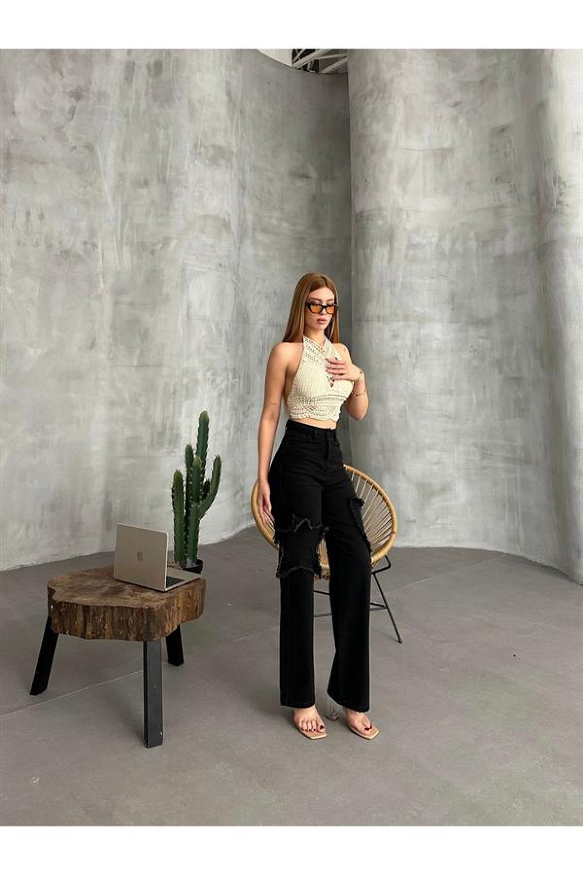 Uzun Salaş Kadın Pantolon Nakış Desenli Pantolon 36